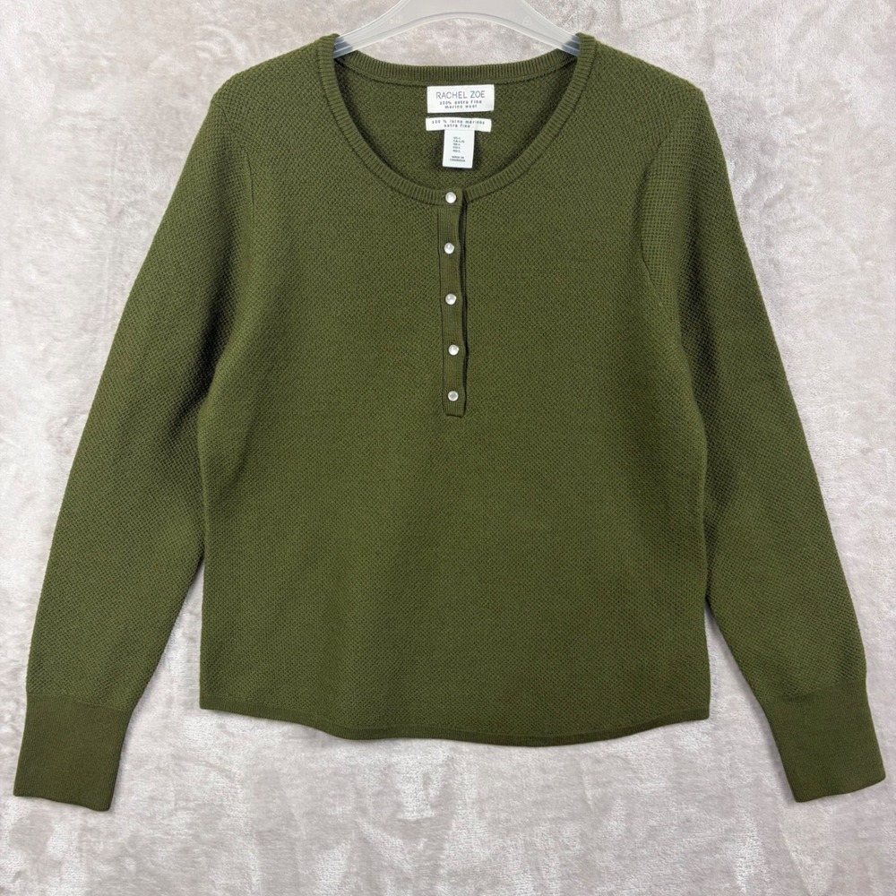 Rachel Zoe Green 100% Extra Fine Merino Henley Sweater Women L Pearl Snap Button